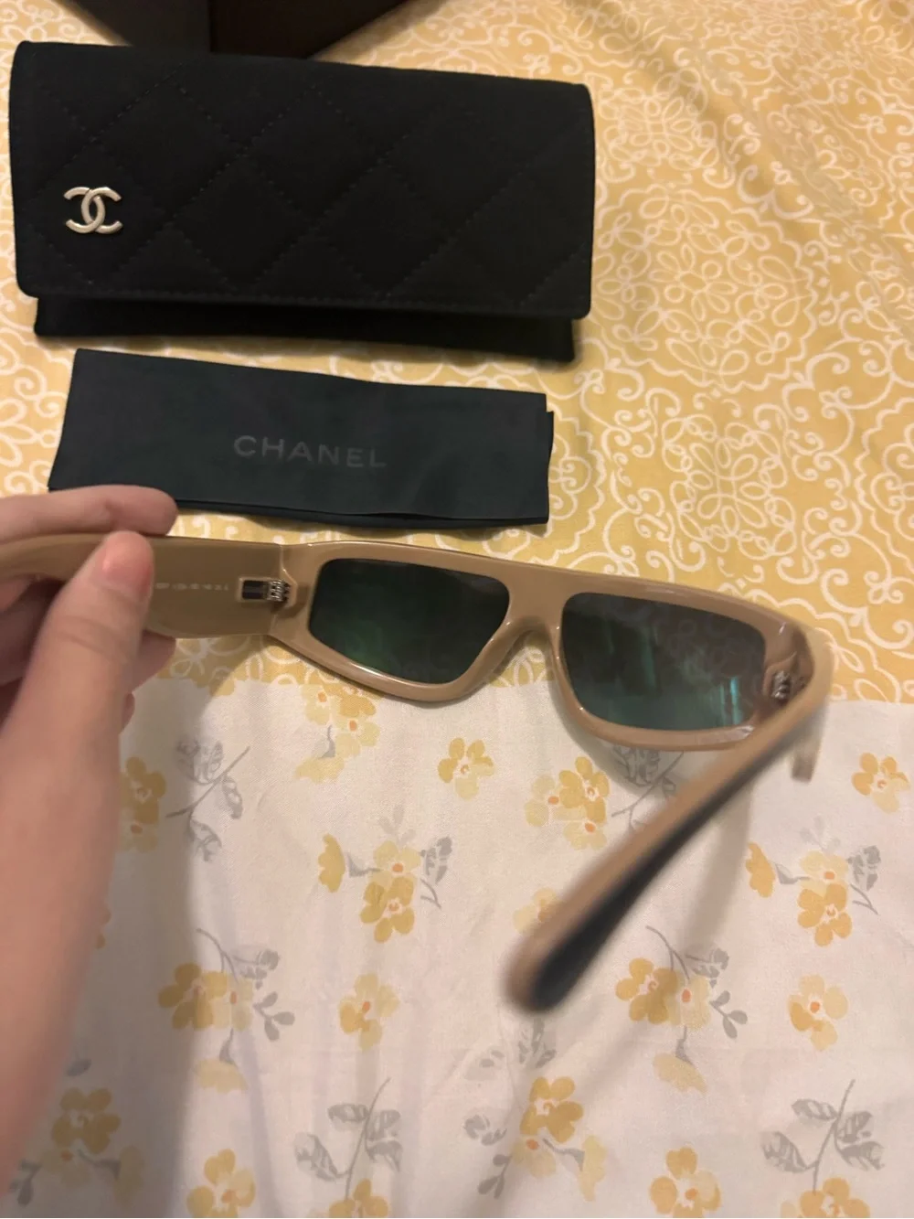 CHANEL Shield Sunglasses in Black and Beige with Gradient Gray Lenses